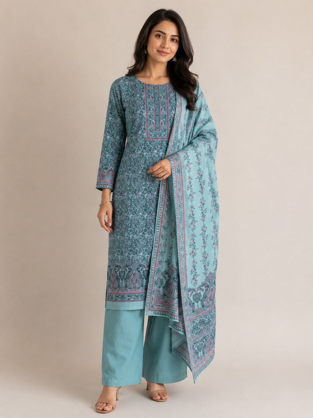 Zaina suit set, styled image 1 made with AI, shown stitched