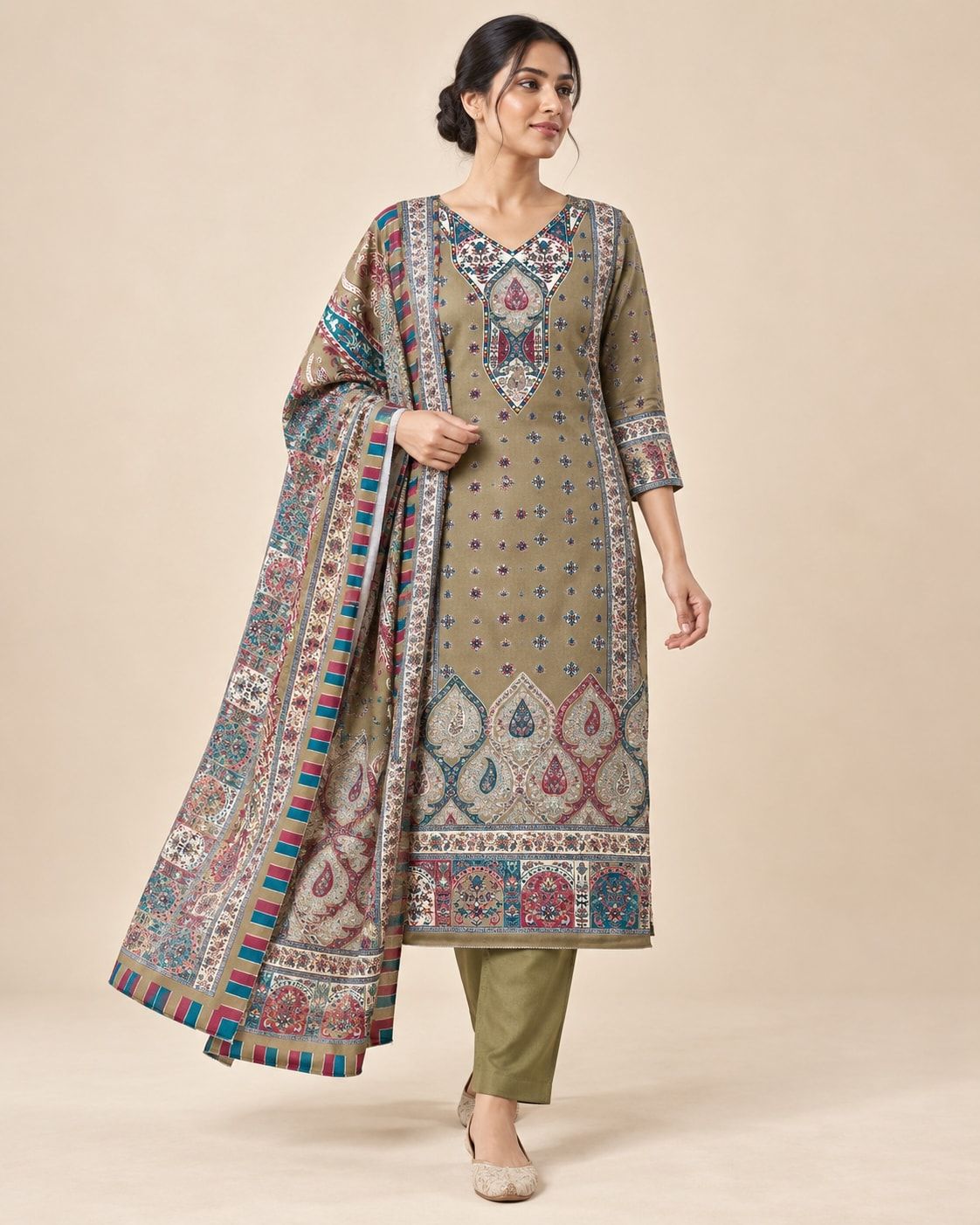 Fateh suit set, styled image 1 made with AI, shown stitched